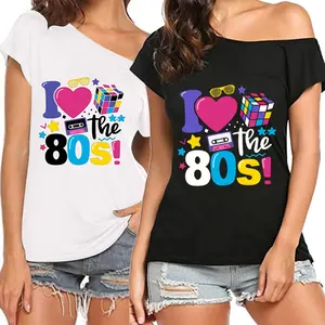 Bayan 80S T shirt kapalı omuz doğum günü Tees Neon giysi disko tunik komik kostümleri fantezi giyim Tops