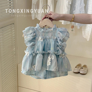 Tongxingyuan Girls' Summer Outfit Set Cotton Lace Floral <b>Top</b> Shorts Two Piece Thin Fabric Kids Clothing - Product Image 5