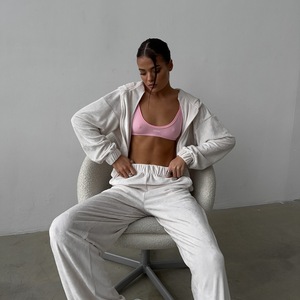 Wholesale Breathable <b>Velvet</b> Two-Piece Set Long Sleeve Zip-Up Hooded Jacket Wide Leg Pants Solid <b>Black</b> Loose Fit Casual - Product Image 3