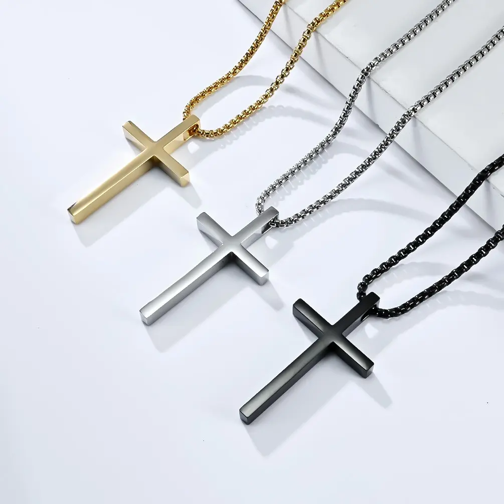 New arrival handmade religious jewelry mirror polished mens stainless steel 18k gold cross necklace 3mm box chain
