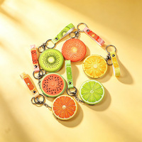 Porte-clés Miroir Compact en Forme de Tranche de Fruit avec Sangle en Cuir PU, Miroir de Maquillage Portable, Porte-clés Mignon Rond de Poche, Cadeau pour Femme