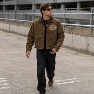 Chaqueta de Trabajo Marrón Desgastada de Lona de Algodón Resistente con Salpicaduras de Pintura y Cuello de Pana, Cremallera Completa, Estilo Urbano para Hombre - Product Image 3