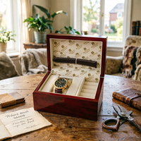 Boîte à montres en bois rouge finition piano, multi-compartiments, doublure en tissu imprimé, logo personnalisé pour l'emballage de marques de montres haut de gamme