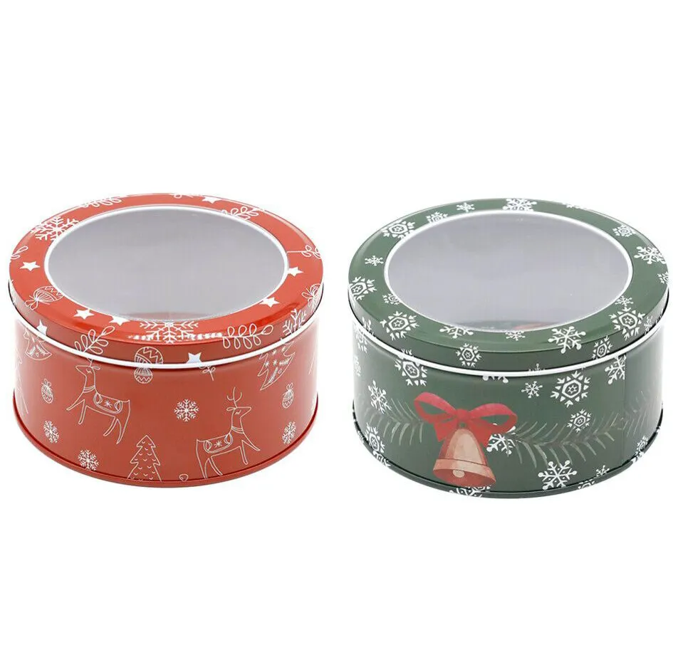Groothandel Ronde Decoraties Metalen Kerst Snoep Blikje Met Pvc Ramen Voor Koekjeskoekjes Opslag Gift Tin Container