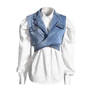 Dames 2 Stuk Pak Korte Onregelmatige Denim Vest Shirt Losse Tops Lange Puff Mouwen Voor Vrouwen Blouses