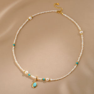 1453 Natural Pearl <b>Necklace</b> Women's <b>Chain</b> with Turquoise Beads 18inch <b>Long</b> - Product Image 4
