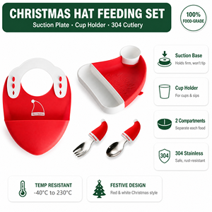 Père Noël Silicone enfant en bas âge alimentation ensemble avec ventouse plaque cuillère fourchette bavoir vacances vaisselle vaisselle en gros - Product Image 1