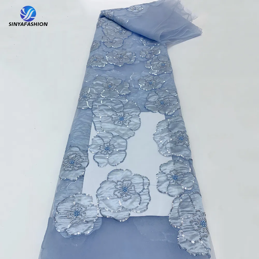 Commercio all'ingrosso tessuto di stoffa di lusso con perline di pizzo con Laser Chiffon 3D fiori paillettes 5 iarde tessuto pizzo nuziale di alta qualità