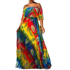 Abito Lungo Estivo in Chiffon con Stampa <span class=keywords><strong>Arcobaleno</strong></span>, Scollo a Barca, Volant e Pieghe, Elegante Stile Boho per Spiaggia e Feste - Product Image 3