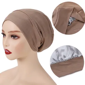 قبعة بطبقة مزدوجة قبعة داخلية مع غطاء رأس من الساتان العارض قبعة إسلامية قبعة ووشاح علوي للنساء ربطة رأس