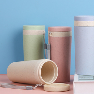 Eco-friendly Wheat Straw <b>Double</b> <b>Wall</b> Insulated Coffee <b>Mug</b> Portable Reusable Travel Tumbler with Strap for Student School Office - Product Image 5