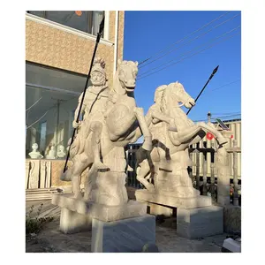 生命大小武士雕像天然花岗岩大理石石头欧洲骑士盔甲和马雕像De Grande taile