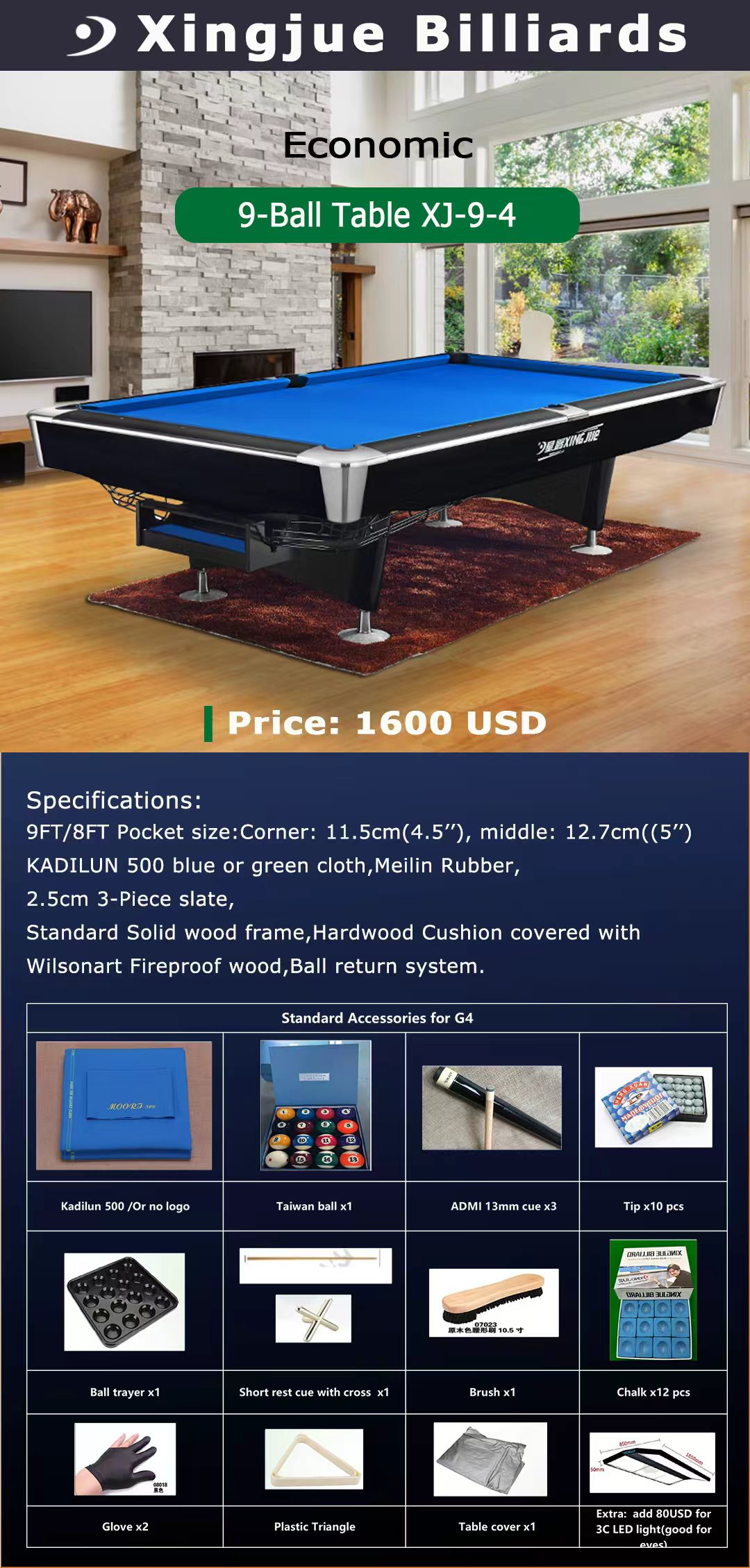 XINGJUE Professional Pool Table - 9ft Solid Wood Fire-proof