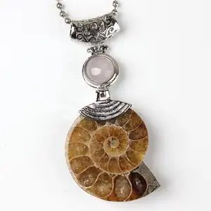 Colar com pingente ammonite natural, colar com pingente de caracol, pedra foscas e concha, para homens e mulheres