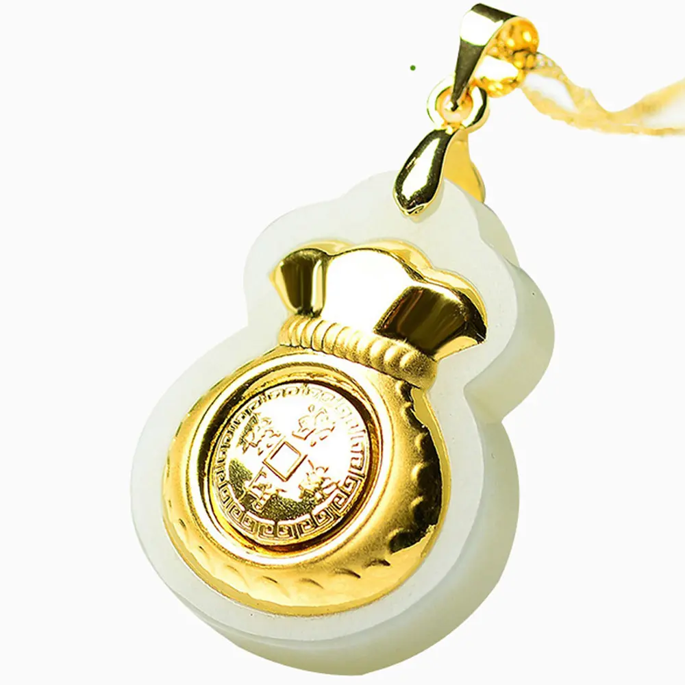 Nephrite – sac d'argent incrusté d'or pur 24K avec véritable or pur 18K, fermoir boucle crochet pendentif seulement charme de richesse porte-bonheur pour anniversaire