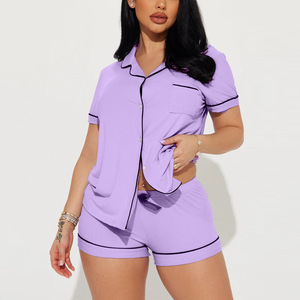 Conjunto de Pijama Clásico con Cuello Solapa para Mujer, Ribete en Contraste, Manga Corta y Pantalones Cortos, Dos Piezas, Ropa de Dormir - Product Image 2