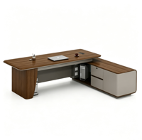 Bureau de direction moderne de luxe en forme de L avec bande lumineuse LED et tiroirs, poste de travail en bois pour PDG avec armoire latérale