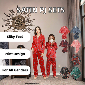 Conjunto de pijama de satén navideño para niñas y mujeres, cintura elástica, estilo informal con logotipo frontal suave, patrón de dibujos animados para invierno - Product Image 2