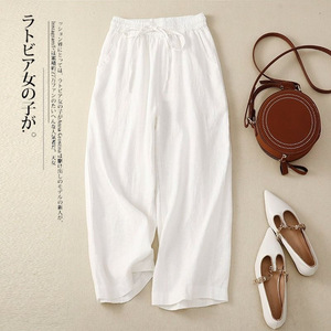 Women's Summer <b>Elastic</b> Waist Wide Leg Pants Solid Color Cotton Linen Casual Breathable Loose Fit Cropped Style - Product Image 3