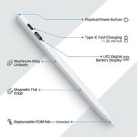Stylet iPad à charge rapide Type-C, affichage LED de la puissance, autonomie 10-12h, rejet de la paume, fonction d'inclinaison, unibody en aluminium, 8 couleurs