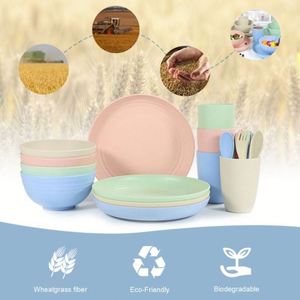 Vaisselle 100% biodégradable, 20 pièces, ensemble de couverts et de bols en paille de blé colorés, vaisselle pour adultes, assiettes - Product Image 4