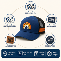 Casquette Trucker Bleue Personnalisée avec Patch Brodé Arc-en-ciel, Dos en Maille, Visière Courbée, Fermeture Snapback, Réglable, Vente en Gros, OEM, Faible MOQ