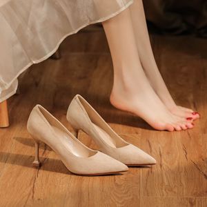 6686C <b>Suede</b> <b>Pumps</b> Pointed Toe Stiletto Heel High 5cm 8cm Office Shoes Breathable <b>Black</b> Women's Slip-On Style - Product Image 2