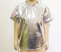 Kustom grosir Glitter bersinar kinerja kemeja dansa kostum cerah lengan pendek T-shirt warna Solid atasan untuk dewasa dan anak-anak