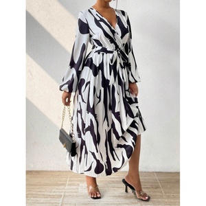 Robes personnalisées de haute qualité pour femmes, imprimées de fleurs, 100% polyester, printemps été, vacances, décontractées, manches longues, col en V, pressées - Product Image 4