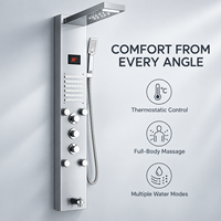 Colonne de douche thermostatique moderne en acier inoxydable brossé noir de luxe avec LED, mitigeur de baignoire, douchette à main et jet pluie
