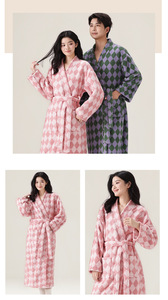 2026 Winter Coral <strong>Fleece</strong> Robe Casual Long Sleeve Flannel Grid Breathable Thicken Nightgown XL Winter Robe for Women Bathrobe - Product Image 2