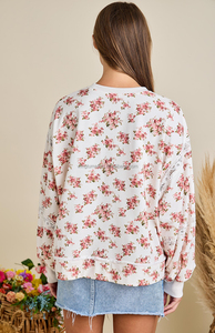 Sweat-shirt pour femme en gros, pull à col rond, imprimé floral vintage, avec insert en dentelle, manches bouffantes - Product Image 4