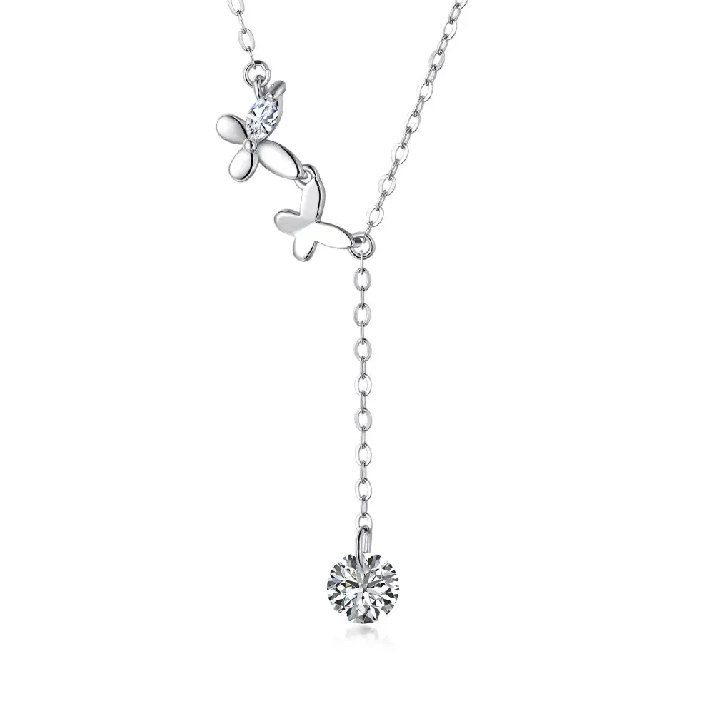 Dylam Designer Flower 5A White Cubic Zirconia Stone Long Chain Pendant Rhodium Plated 925 Sterling Silver Necklaces