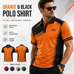 Moisture Wicking Contrast Stripe Breathable Quick Dry <b>Orange</b> and Black <b>Polo</b> Shirt Custom Embroidered logo - Product Image 1