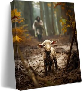 Christliche Wandkunst Jesus Verlorenes Lamm Leinwanddruck auf Gestreckter Leinwand mit Innenrahmen aus Kiefernholz Modernes Design Parabel Verlorenes Schaf Religiöse Dekoration - Product Image 1