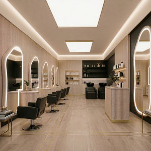 Conception moderne de poste de travail pour salon de coiffure |   Ensemble de miroir de table de barbier personnalisé, matériaux écologiques, éclairage LED, durable, haute qualité | - Product Image 1