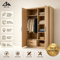 Armoire en bois avec éclairage LED, double porte battante, tringle de suspension, tiroir, étagère, grand rangement, placard de chambre