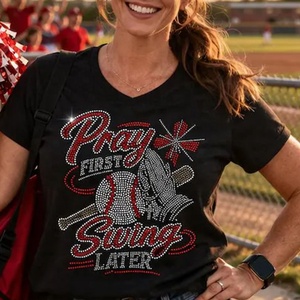 Oferta Especial: Aplique Termoadhesivo con Diseño de Béisbol y Pedrería 'Pray First <span class=keywords><strong>Swing</strong></span> Later' para Camisetas - Product Image 1