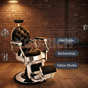 Fauteuil de barbier hydraulique capitonné noir vintage, robuste et inclinable, avec base chromée pour salons de coiffure masculins - Product Image 1
