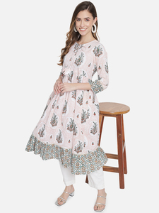 Vestido Maxi Boho con Estampado Artesanal, Dobladillo con Volantes, Manga Tres Cuartos, Corte Holgado, Cuello Redondo, Tejido de Viscosa y Algodón, Vestido Casual - Product Image 4