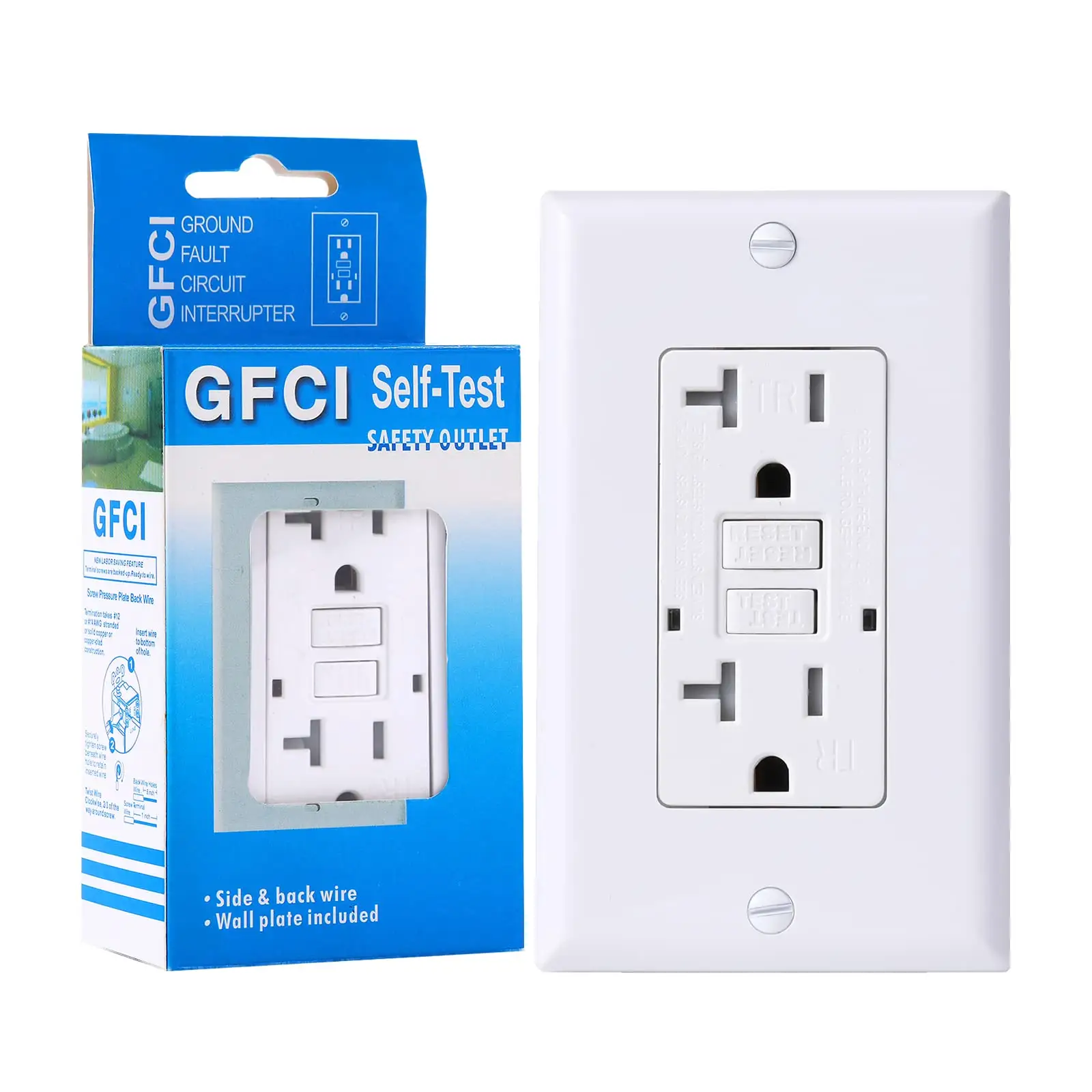 Toma de corriente GFCI de montaje en pared, autoprueba inteligente, blanco, 125V, 20 amperios, resistente a la intemperie, TR, GFI