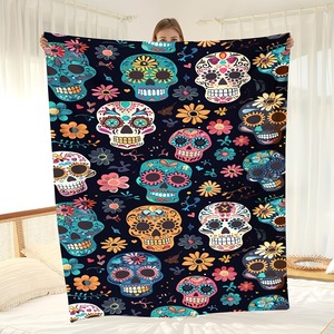 Couverture rectangulaire en flanelle douce à imprimé floral tête de mort, décoration moderne, utilisation quatre saisons, vente en gros - Product Image 4