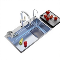 Évier de cuisine carré multifonctionnel en acier inoxydable 316L, finition satinée, à montage sous plan, avec robinet et passoire, modèle Volcano Nano, fabriqué à la main par MOSHE