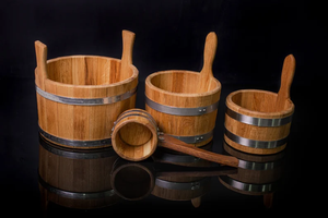 天然本物のオークバスバケットサウナアクセサリー木製バケツ木製サウナ取鍋付き - Product Image 5