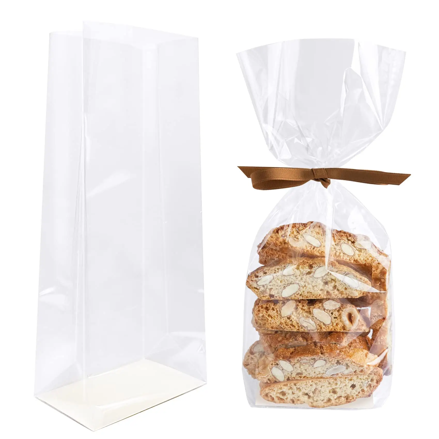 卸売カスタムサイズ透明ボップガセット平底チェロセロハンバッグ紙インサートベースのパン用カード付き
