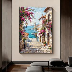 Pintura al Óleo Original, Estilo Mediterráneo, Realista, con Paisaje de Aldea y Flores, Arte de Pared Hecho a Mano sobre Lienzo - Product Image 2