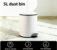 Poubelle cylindrique 5L en acier thermolaqué blanc mat avec pédale, design peu encombrant pour cuisine et salle de bain, résistante à l'eau