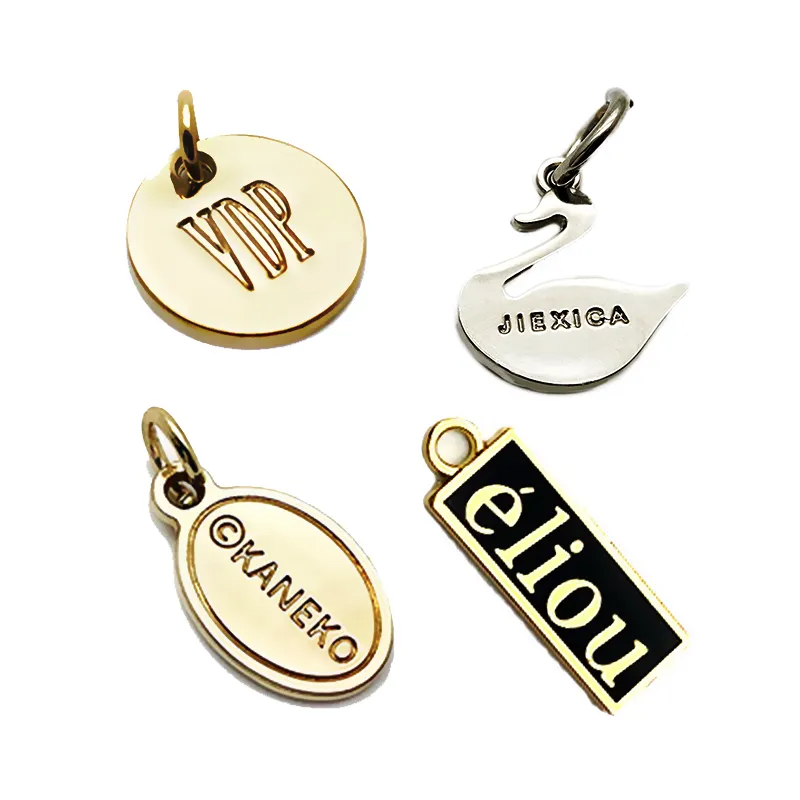 Hochwertig rostfreier Stahl kunden spezifisch Designer-Logo gravierter Gold-Anhänger Metall-Schmuck-Aufdrucke Charme für DIY Halskette Armband