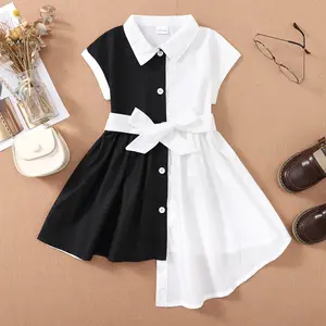 Pakaian anak perempuan balita gaun anak perempuan kaus tambal sulam hitam putih tidak beraturan Gaun kaus warna polos populer untuk anak perempuan 2024