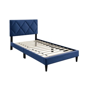 Modern Twin Size <b>Bed</b> Adjustable Headboard 1pc Box Spring Frame Eco-Friendly Durable <b>Pine</b> Wood Navy Blue Velvet Upholstered Youth - Product Image 5